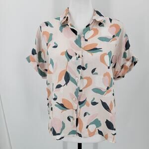 Rachel Zoe Blouse Womens Small Linen Floral Button Up Short Sleeve